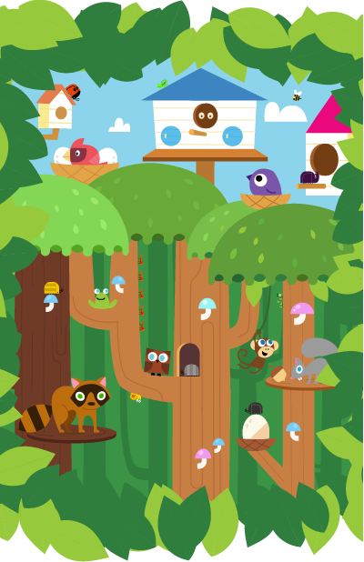 Forest with raccoons, squirrels, bird houses, and hidden beetles.